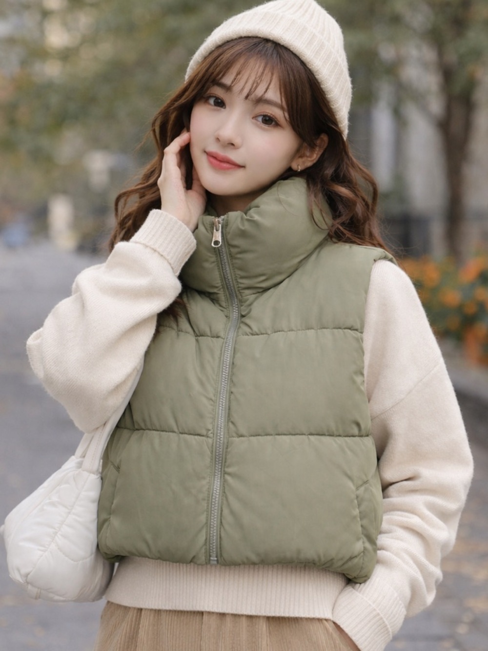 Streetwear Society Cropped Puffer Vest Olive Green Size M Trendy Minimal